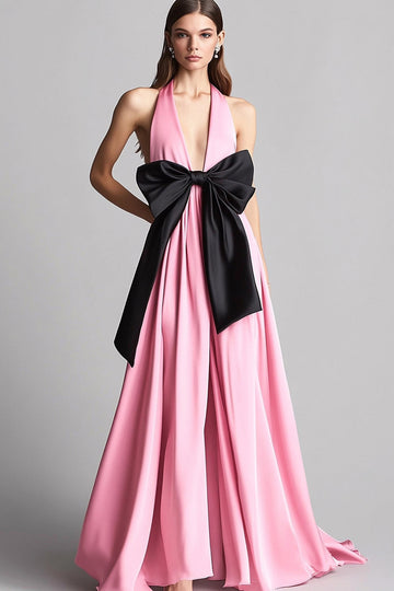 Pink Satin Halter A Line Long Formal Dress with Bow